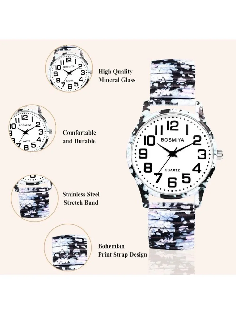 Womens Black And White Analog Number Elastic Stretch Band Bohemia Bracelet Watch
